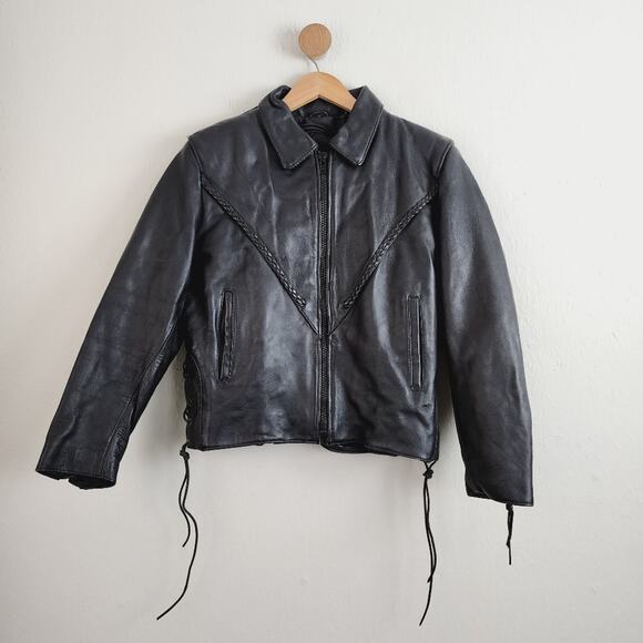Vintage Hot Leathers Braided Leather Moto Biker Jacket Side Lace-Up Fringe M - Picture 1 of 15